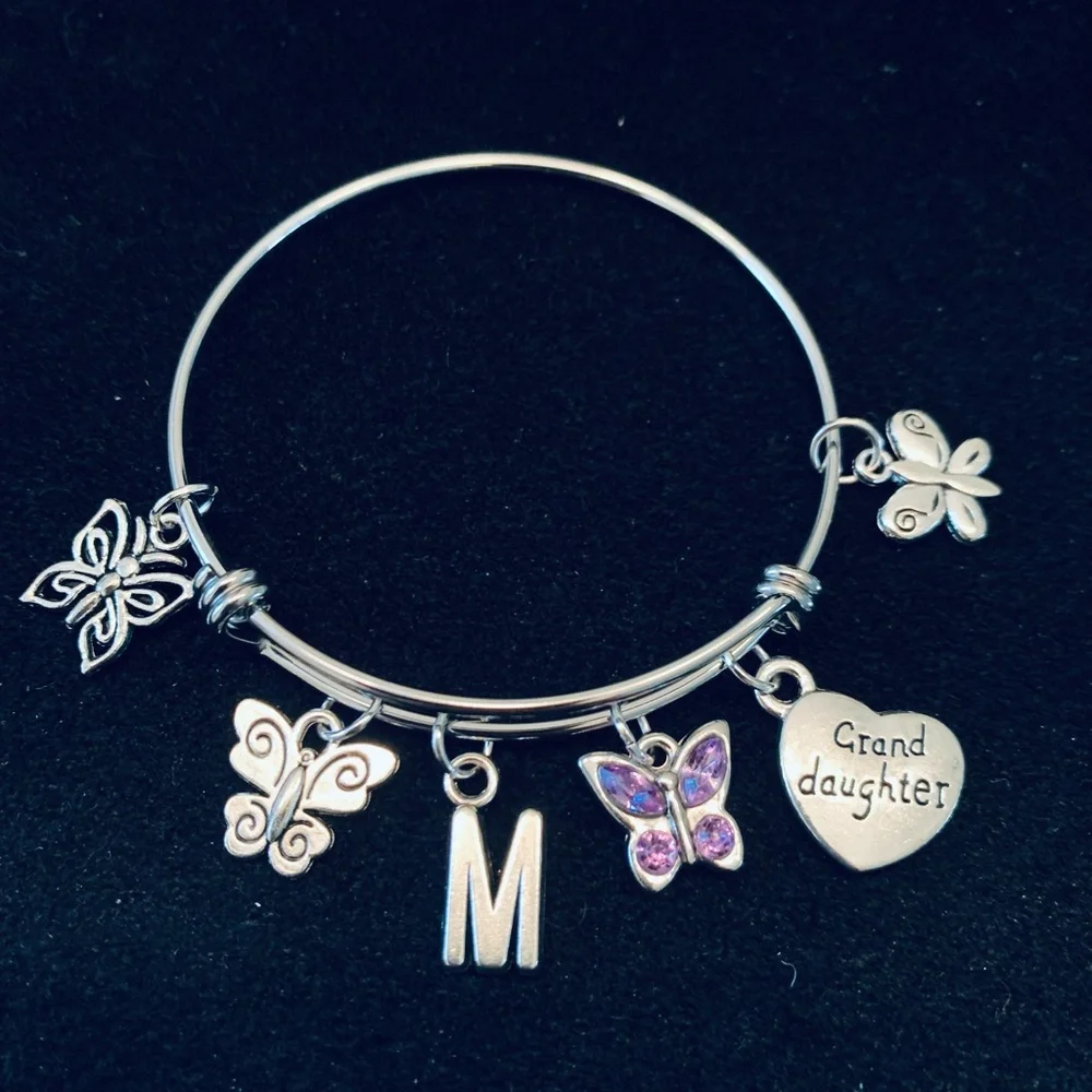 Butterflies “granddaughter” themed bangle bracelet personalized